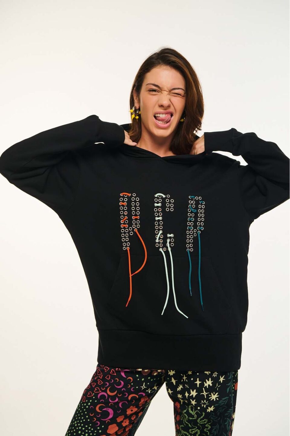 Woman Hoodie With Embroidery - Laced Up Black