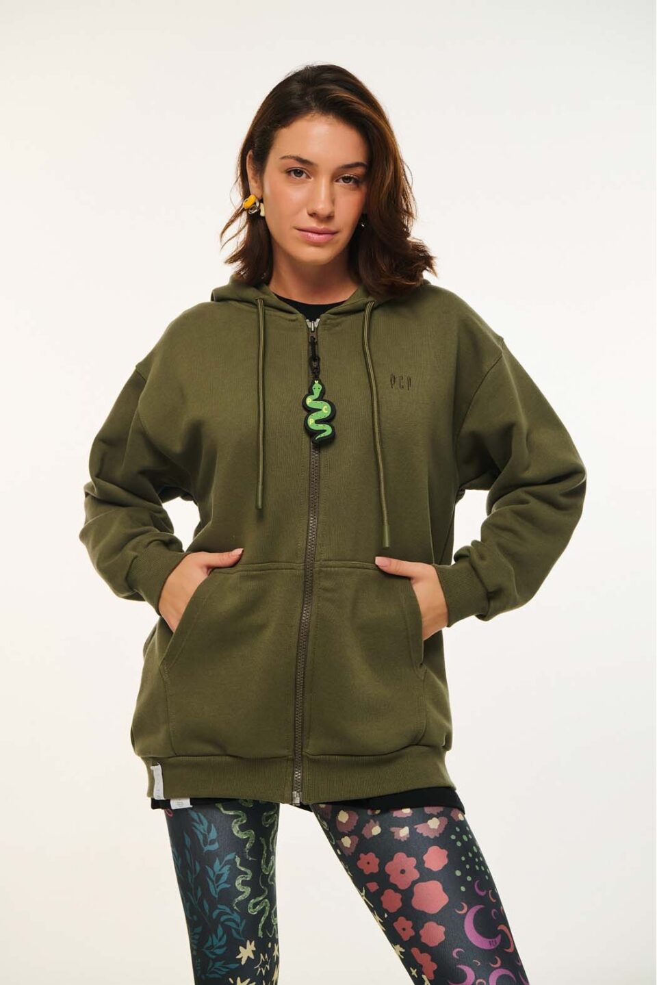 Women Zip Hoodie With Embroidery Olive
