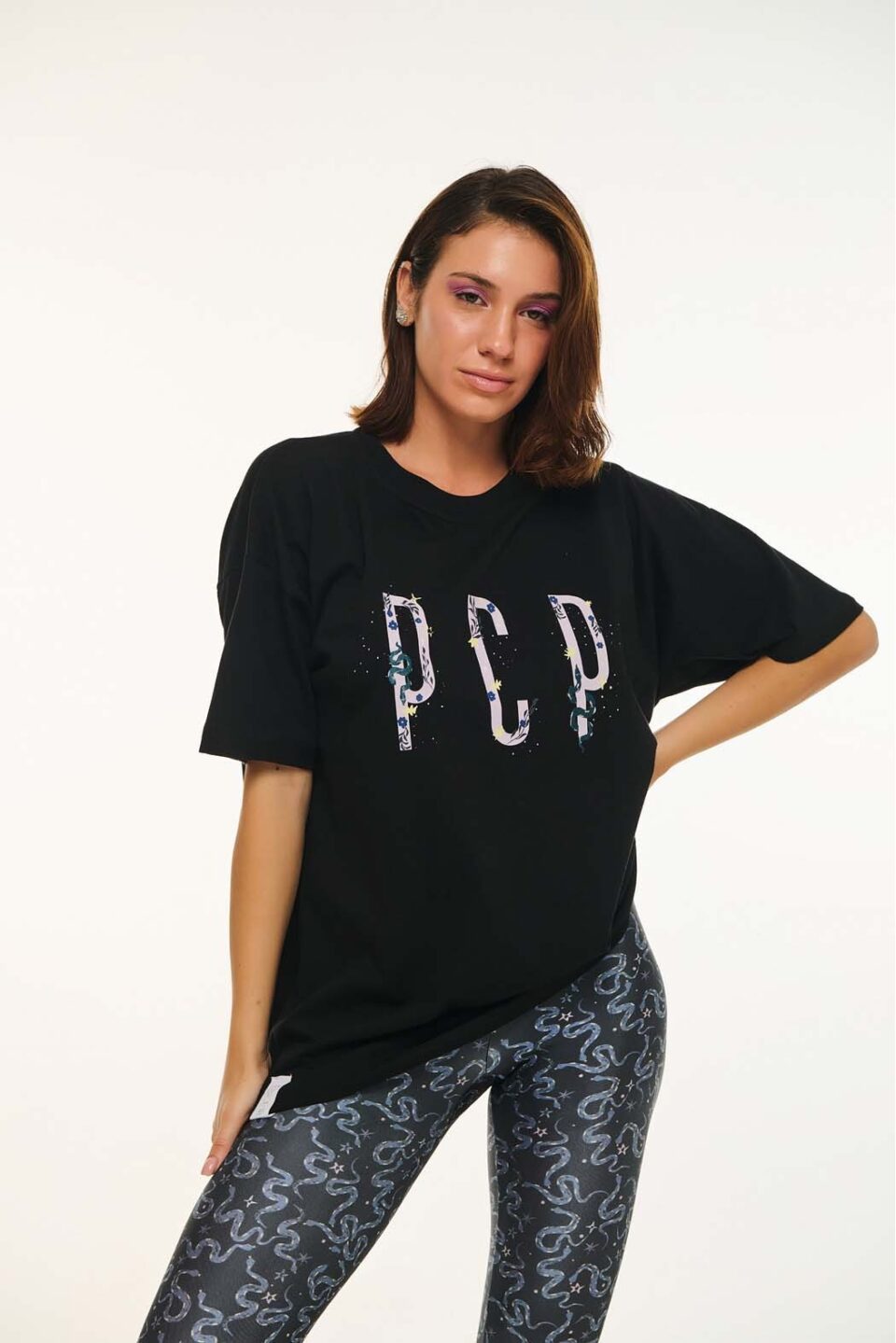 Woman Short Sleeve T-Shirt With Embroidery And Transfer Print - Serpentine Black