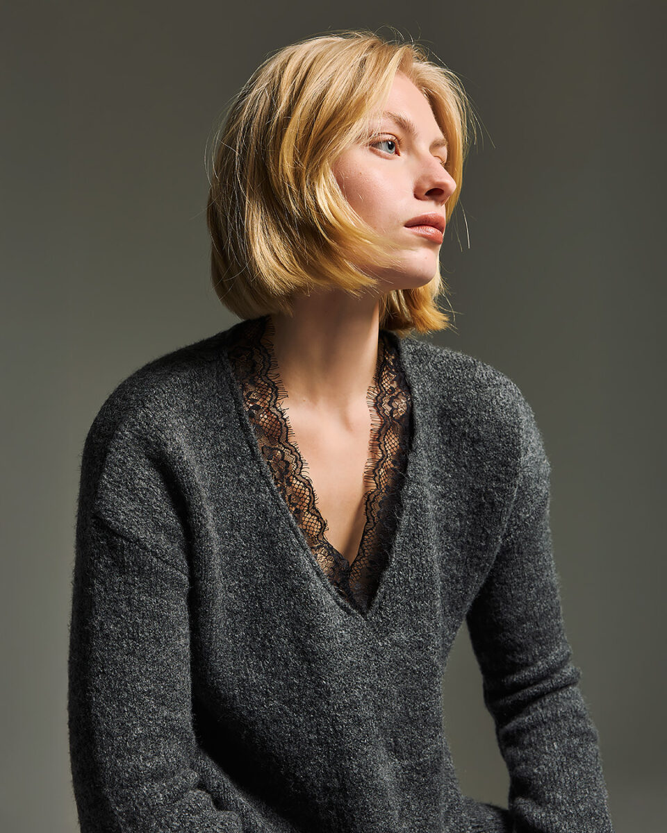 V Neck Lace Knit Sweater Grey