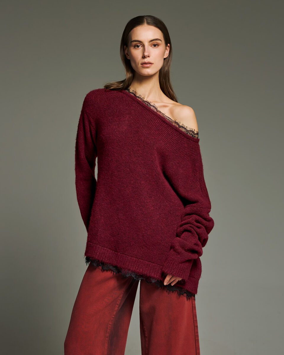 Open Neck Lace Knit Sweater Bordeaux