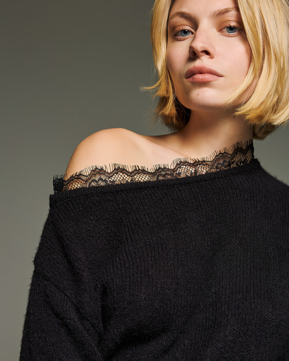 Open Neck Lace Knit Sweater Black