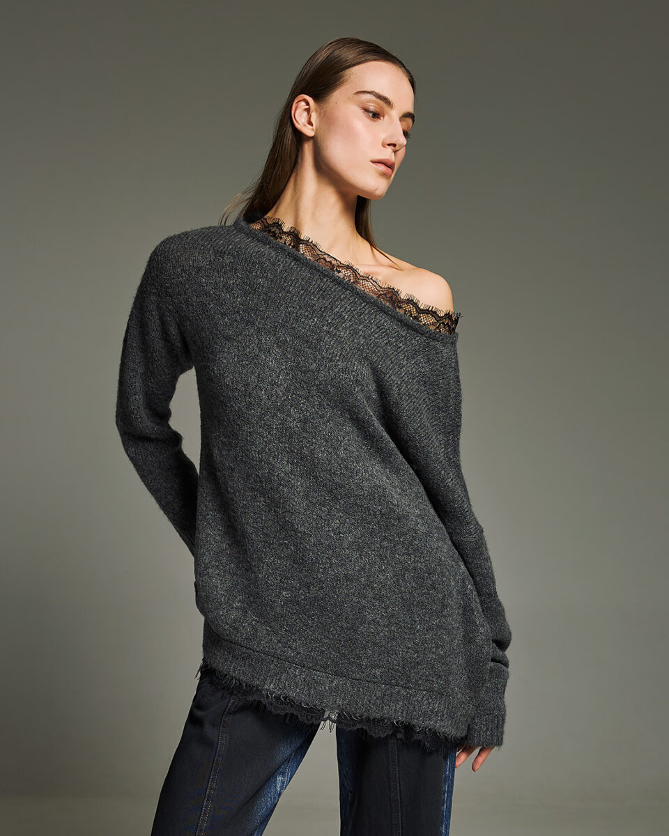 Open Neck Lace Knit Sweater Grey