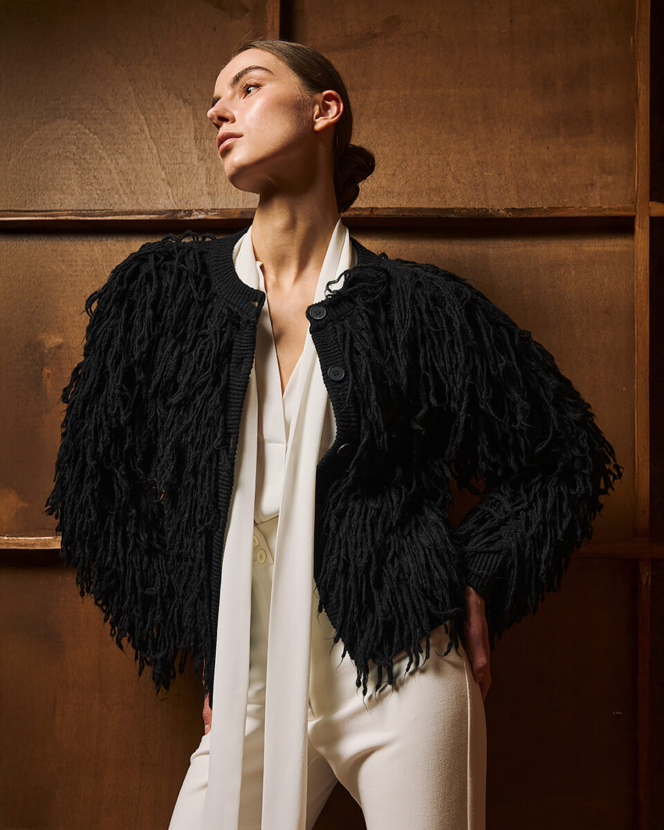 Short Fringed Knit Cardigan Black