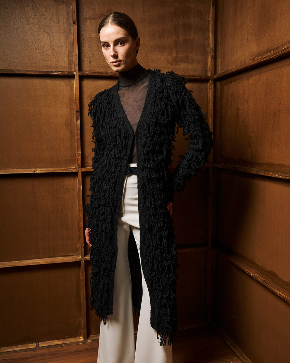 Long Fringed Knit Cardigan Black