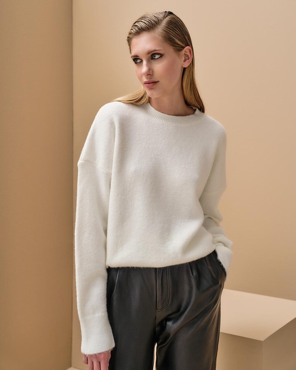 Oversized Round Neck Knit Sweater Off White