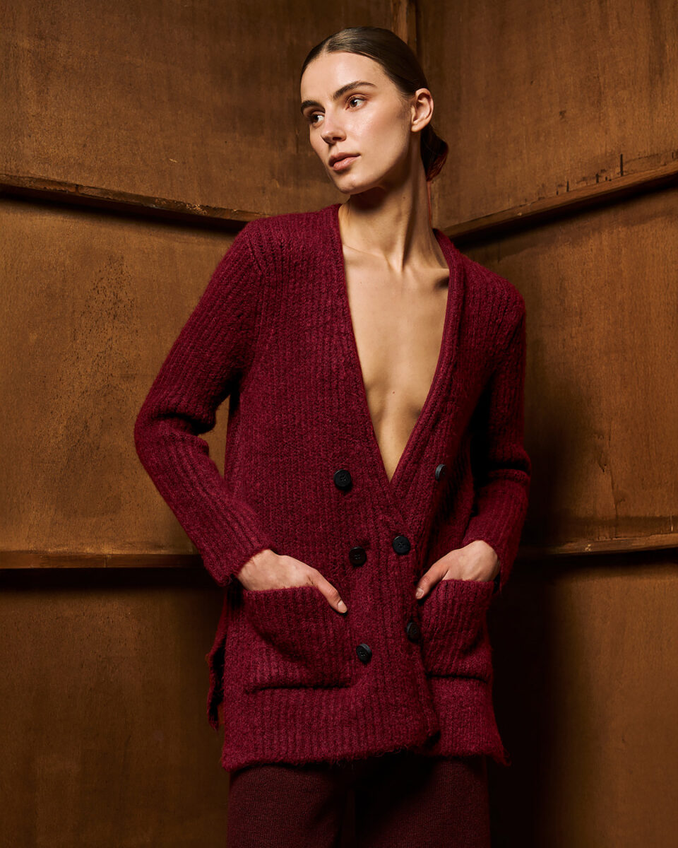 Oversized Across Buttoned Rib Cardigan Bordeaux