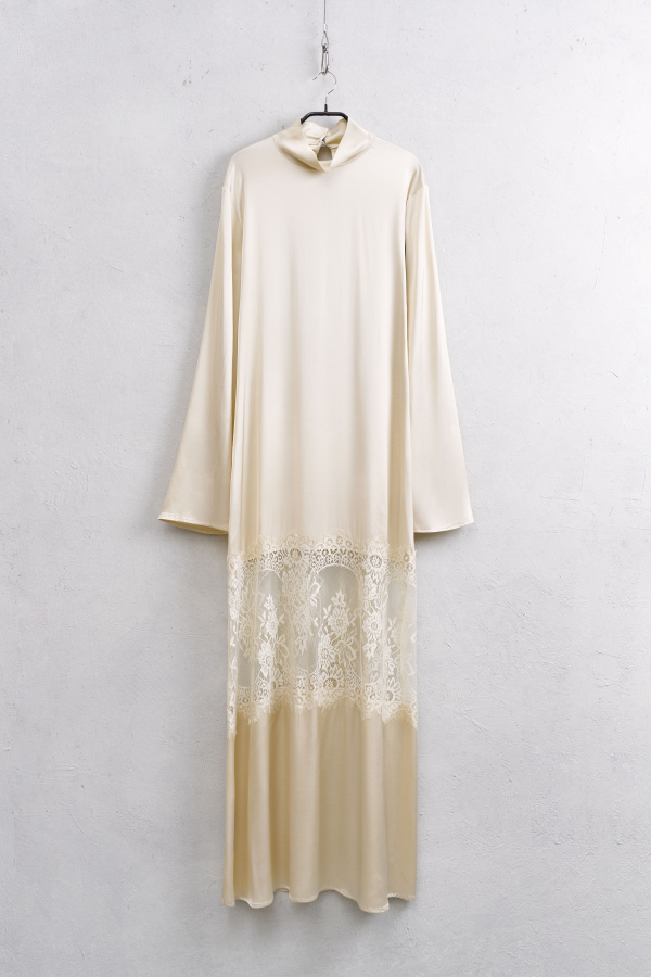 Long Satin Lace Dress Cream