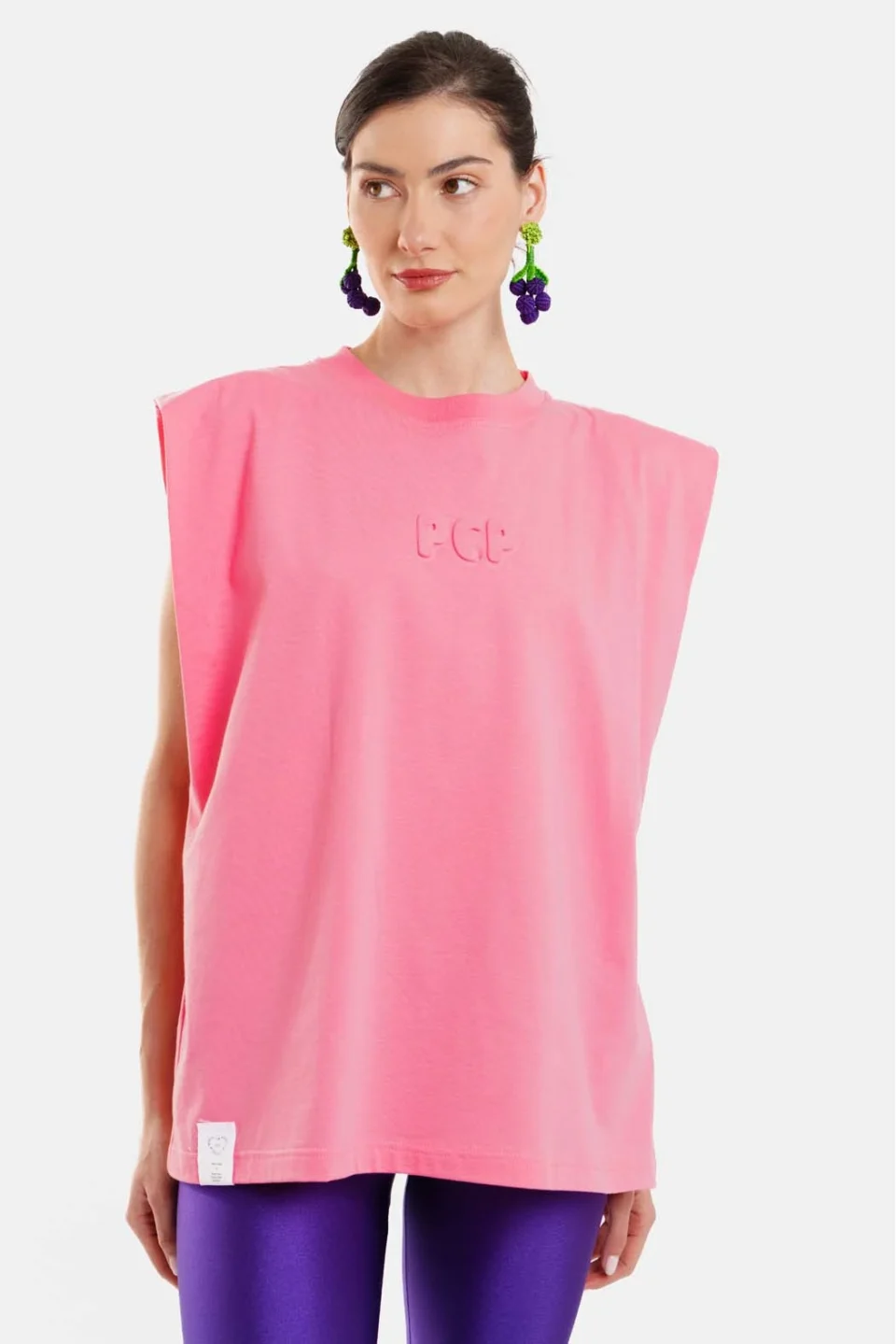 Woman Sleevless T-Shirt with embossed pattern - Bubble Salmon