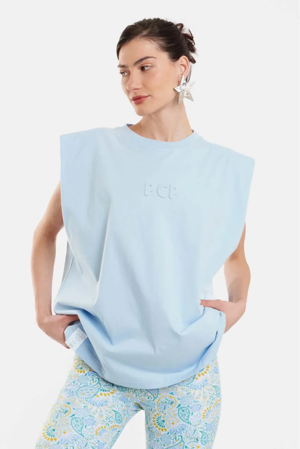 Woman Sleevless T-Shirt with embossed pattern - Bubble Sky Blue