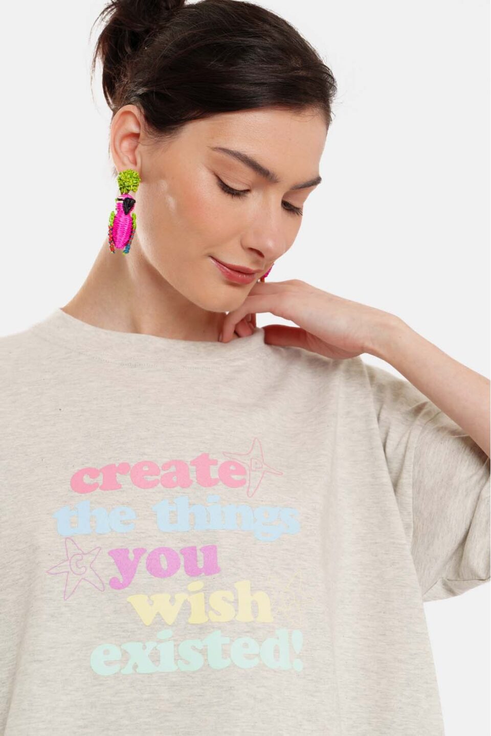 Woman Short Sleeve T-Shirt With Silk Print – Create Grey