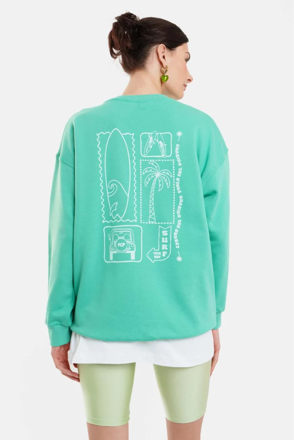 Woman Crewneck with silk print -Surf Green