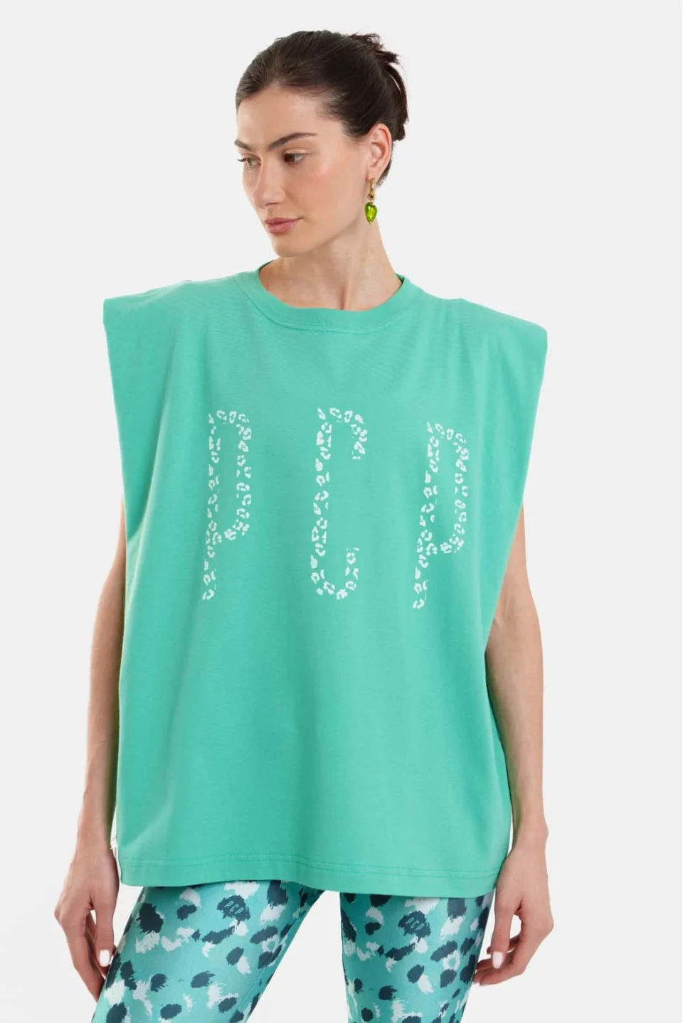 Woman Sleevless T-Shirt with silk print - Leopard Green