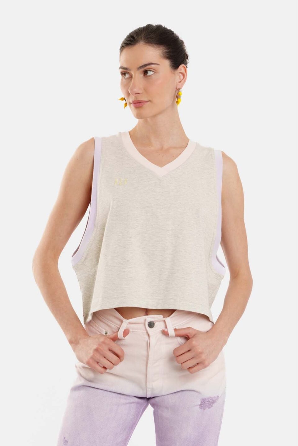 Woman Sleevless T-Shirt With Embroidery - Kali Grey