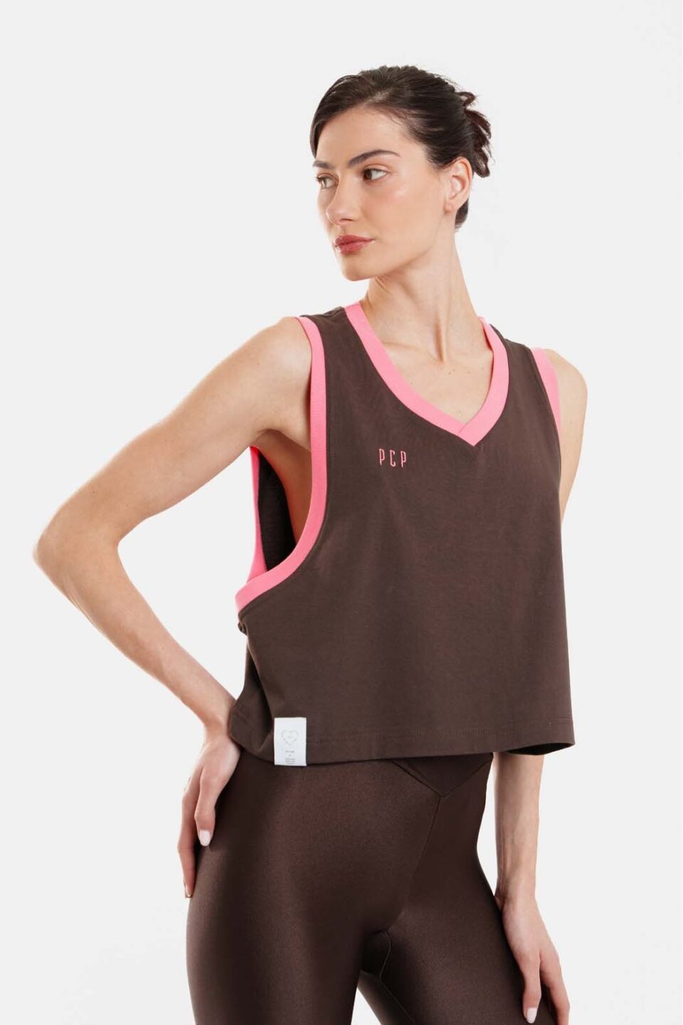 Woman Sleevless T-Shirt With Embroidery - Kali Brown