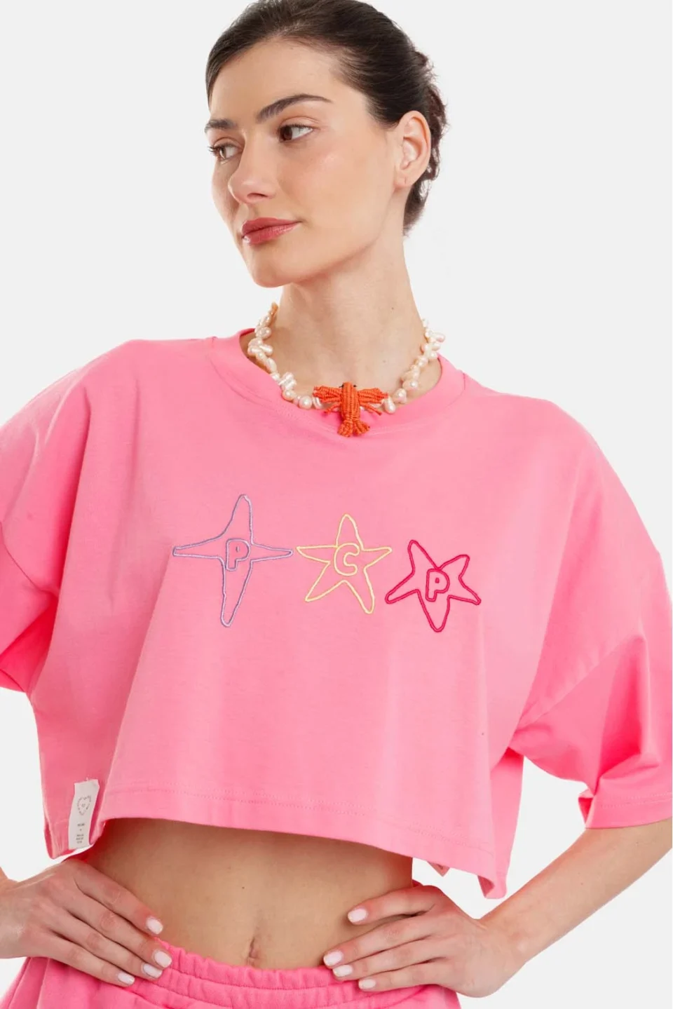 Woman Crop Top with embroidery - Stars Salmon