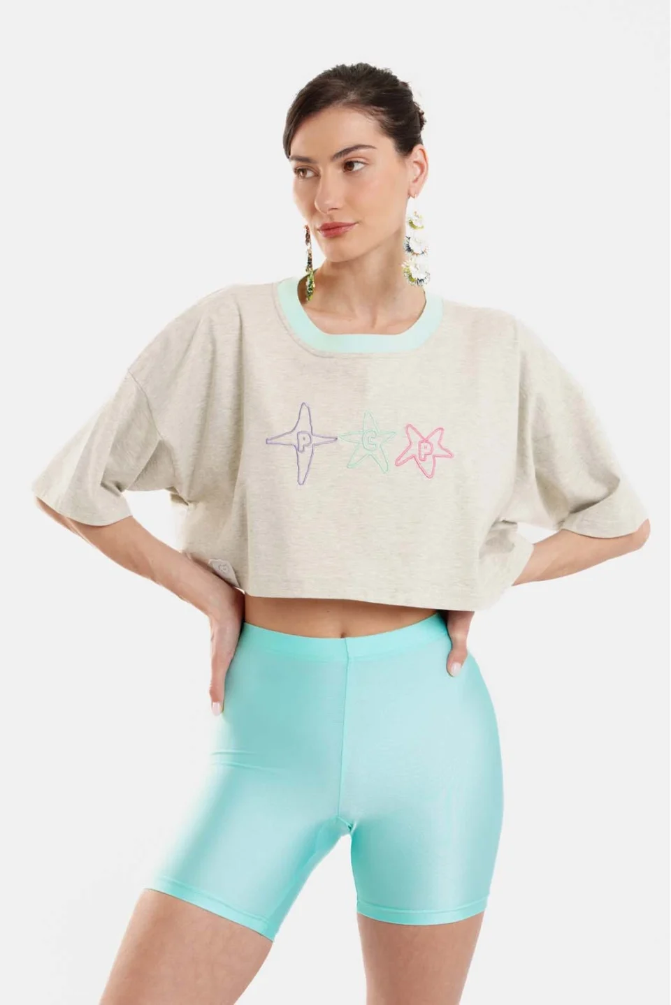 Woman Crop Top with embroidery - Stars Grey