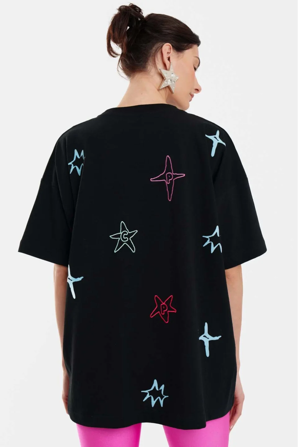 Woman Short Sleeve T-Shirt with embroidery and silk print - Stars Black