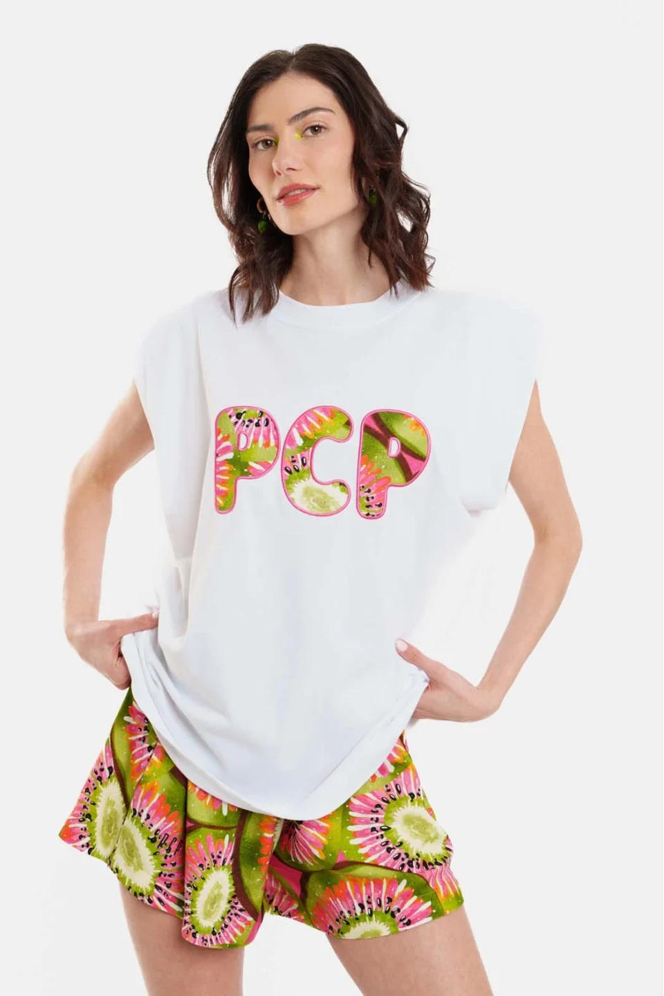 Woman Sleevless T-Shirt with applique - Kiwi White