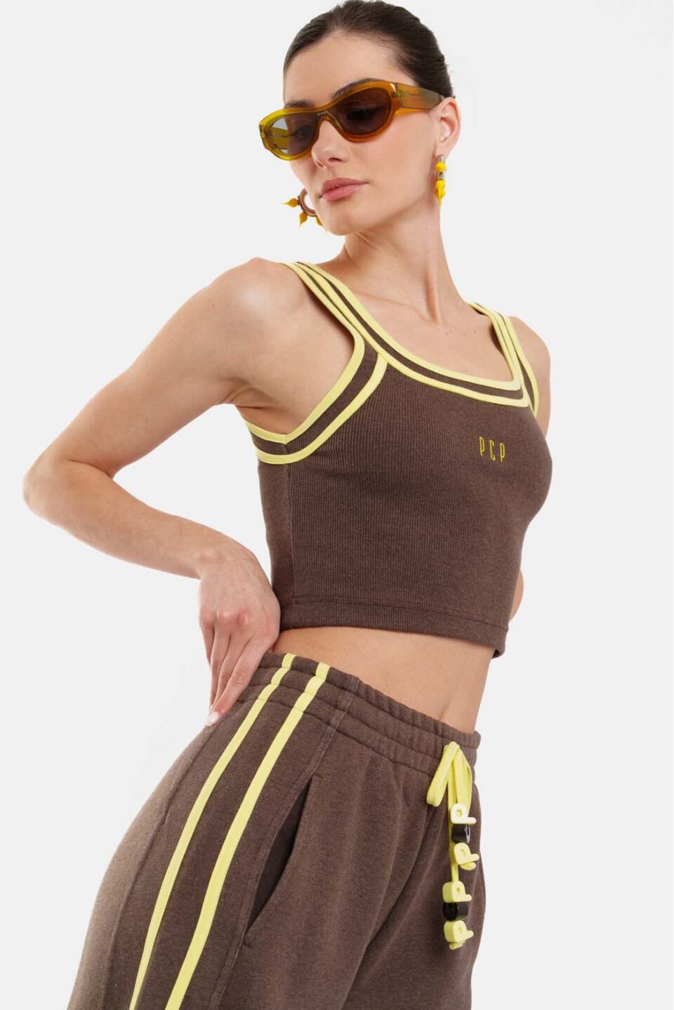 Woman Rib Sleevless Crop Top With Embroidery - Niki Rank Brown