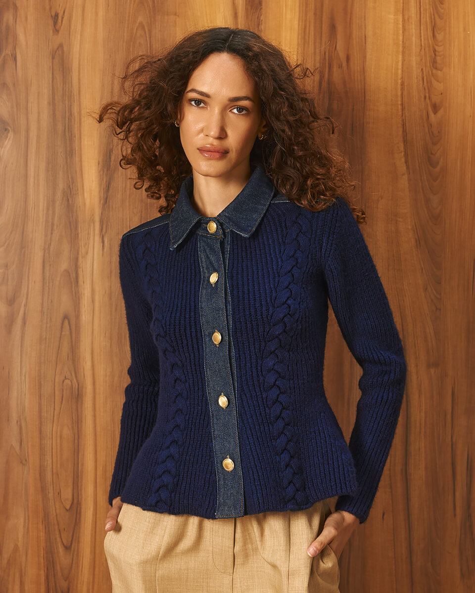 Women’s Cable-Knit Cardigan With Denim Collar, Details And Flared Peplum Hem Navy Blue