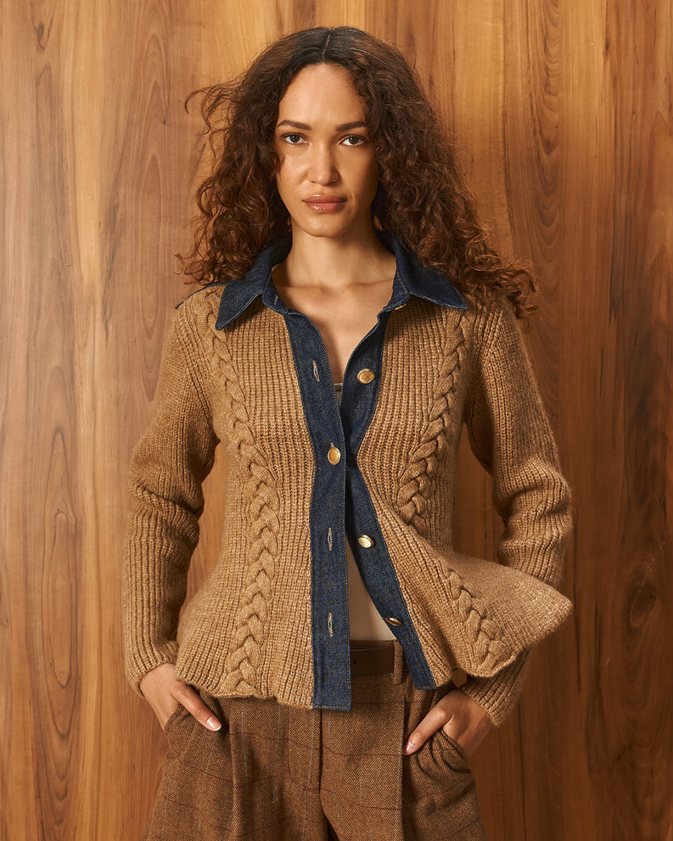 Women’s Cable-Knit Cardigan With Denim Collar, Details And Flared Peplum Hem Camel