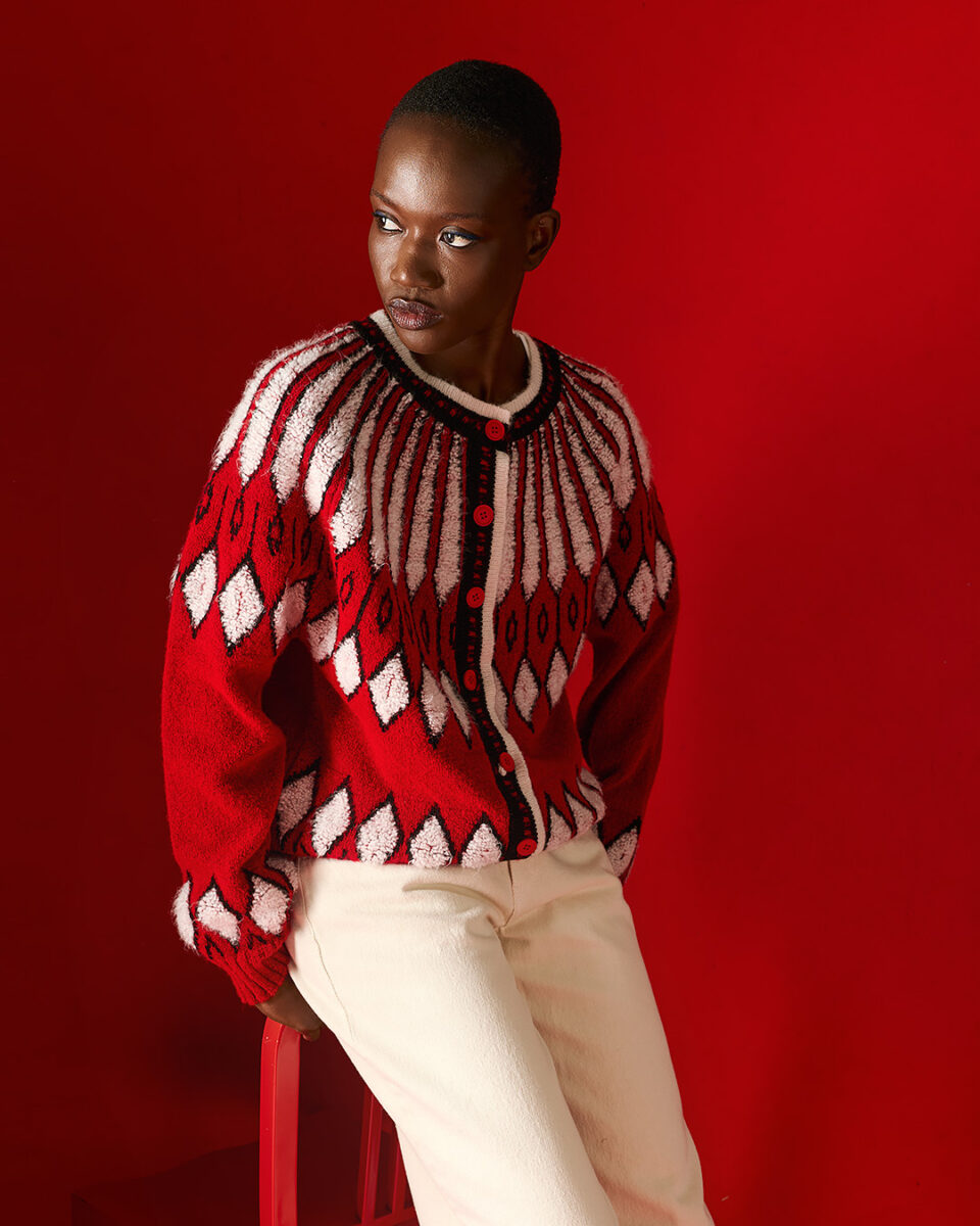 Women’s Knit Cardigan With Red Norwegian Jacquard  Red