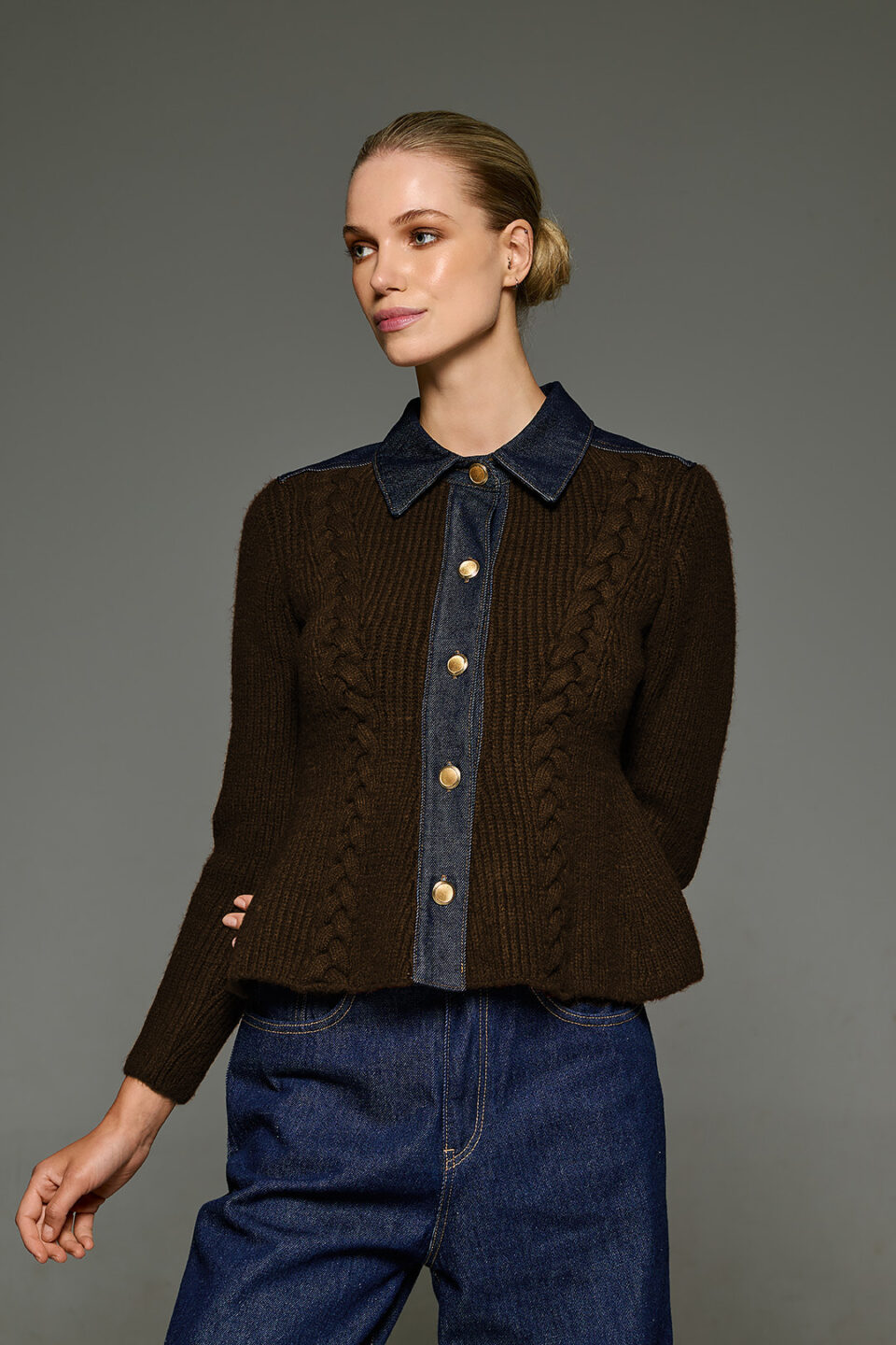Women’s Cable-Knit Cardigan With Denim Collar, Details And Flared Peplum Hem Coffee